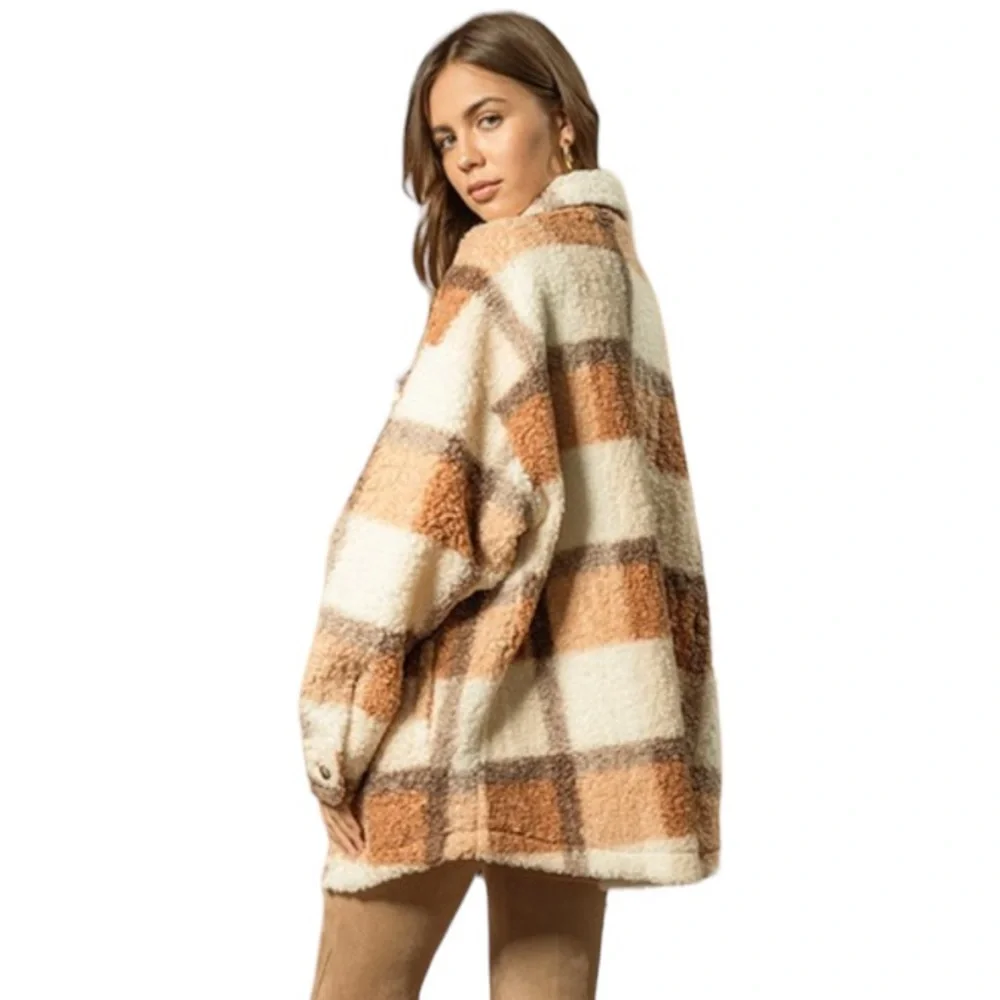 Plaid Sherpa Jacket - Cream and Tan Fully Lined (Relaxed Fit) - Picture 6 of 9